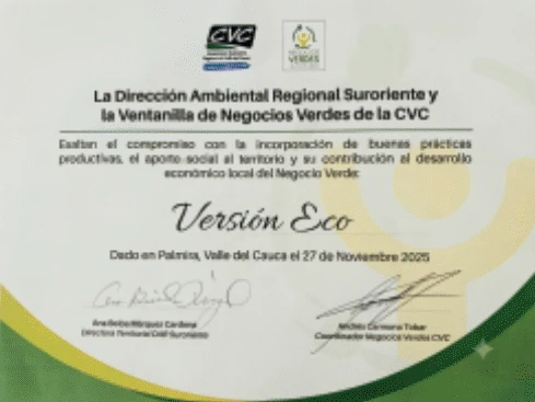 Certificado de la CVC que reconoce a Versión Eco como Negocio Verde, Palmira, 27 de noviembre de 2025.