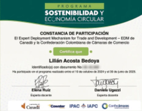 Constancia de participación de Lilián Acosta Bedoya en el programa Sostenibilidad y Economía Circular.